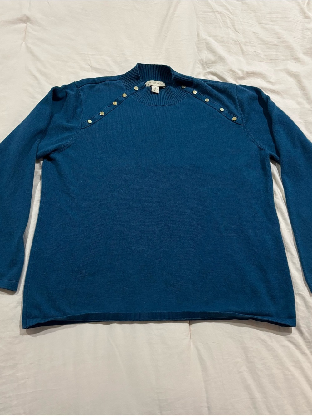 Appleseed's Teal Blue Women's Button-Shoulder Mock Neck Sweater